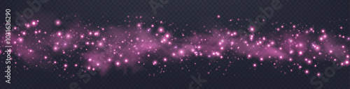 Pink glittering dots, particles, stars magic sparks. Glow flare light effect. Pink luminous points. Vector particles on black background. 