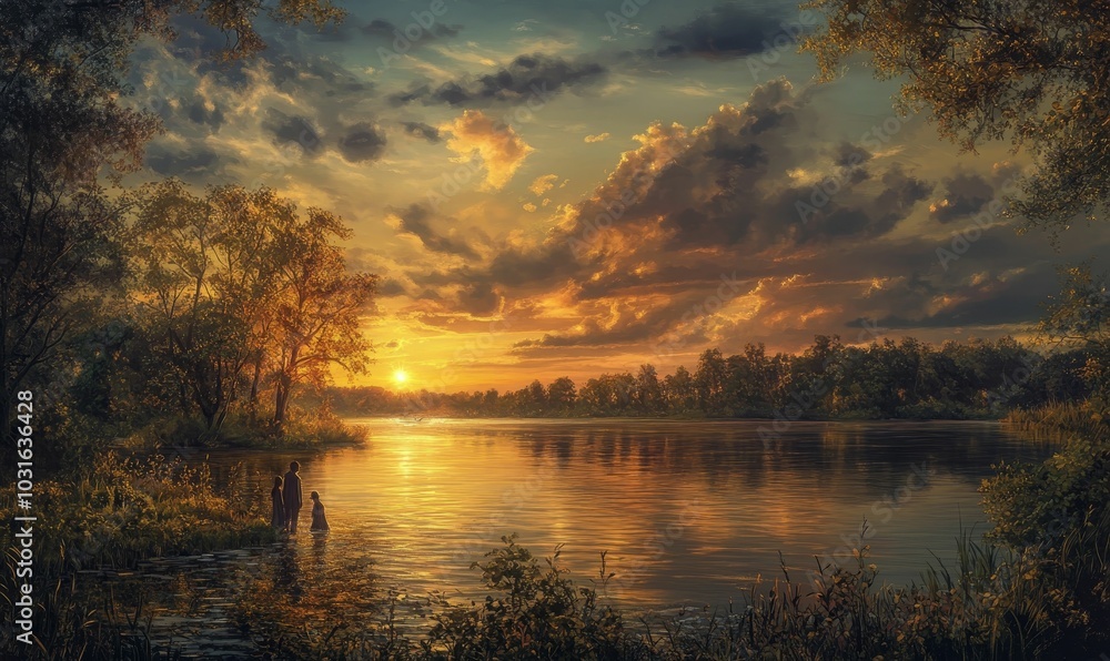 Sunset over a lake with three figures. Sunset over a lake with three figures.
