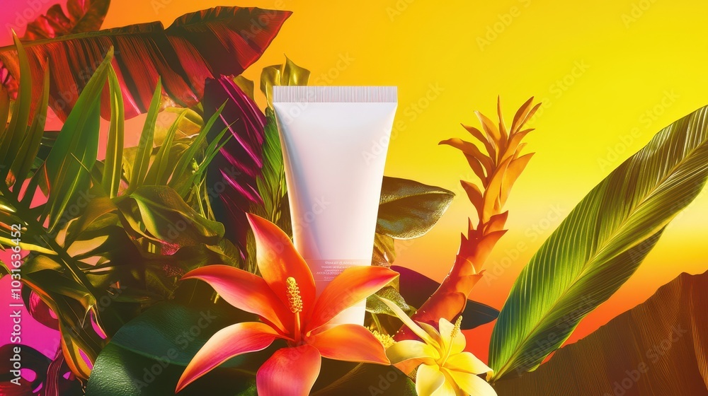 Vibrant Botanical Scene with Skincare Product Vibrant Botanical Scene with Skincare Product