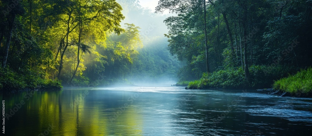 A tranquil river flows through a lush, misty forest with sunbeams breaking through the canopy. A tranquil river flows through a lush, misty forest with sunbeams breaking through the canopy.