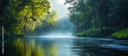 A tranquil river flows through a lush, misty forest with sunbeams breaking through the canopy.