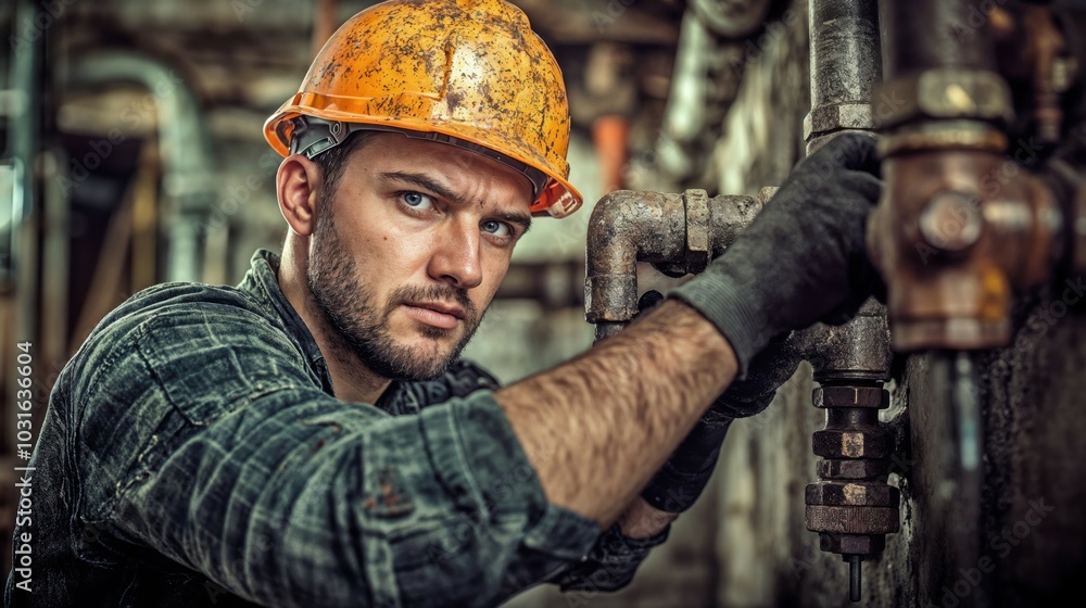 A man, who is wearing a hard hat and gloves, is diligently working on a pipe A man, who is wearing a hard hat and gloves, is diligently working on a pipe