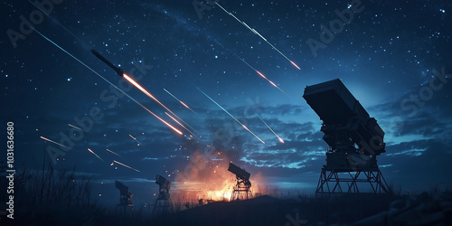 Realistic Night Sky Depiction of Missile Defense System in Action, Radar and Interceptor Units Successfully Engage and Destroy Incoming Missiles photo