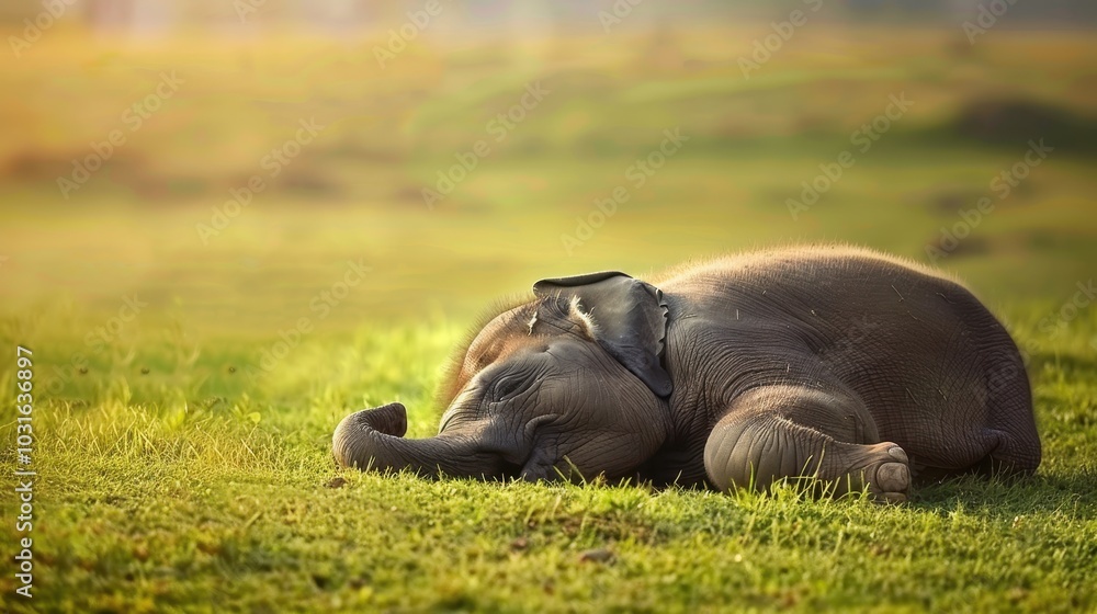 Fototapeta premium Baby Elephant Napping Peacefully on Its Side
