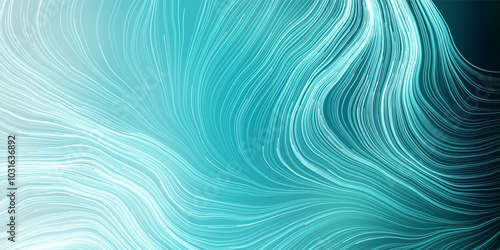 Many Dense White Moving, Flowing, Curving, Bending Wavy Lines - Futuristic Abstract 3D Geometric Green and Turquoise Colored Background Design, Landing Page Template in Editable Vector Format