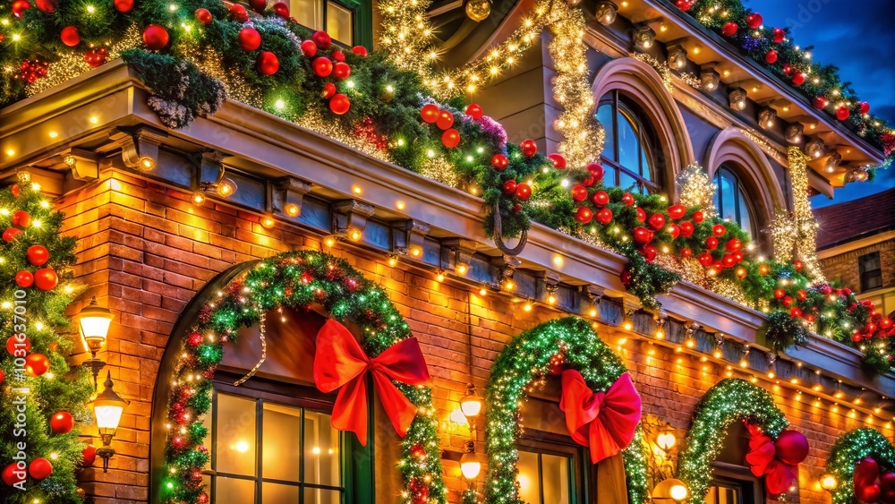 Obraz premium Stunning Christmas Architectural Photography with Glowing Lights and Decorations for Festive Greeting Cards