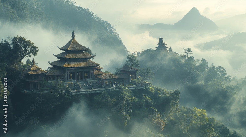 Obraz premium Foggy mountaintop temple with ornate roof.
