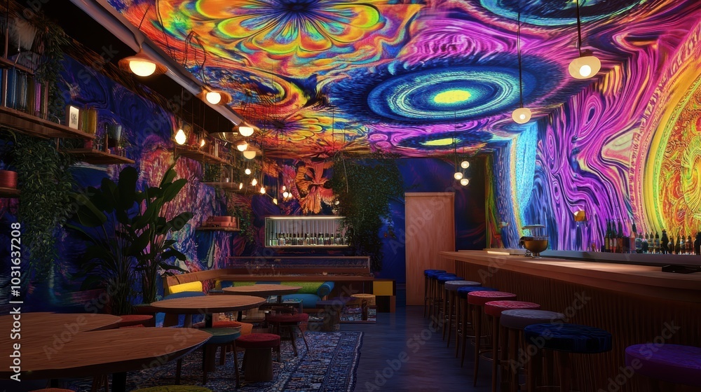 A psychedelic bar with colorful lights. A psychedelic bar with colorful lights.