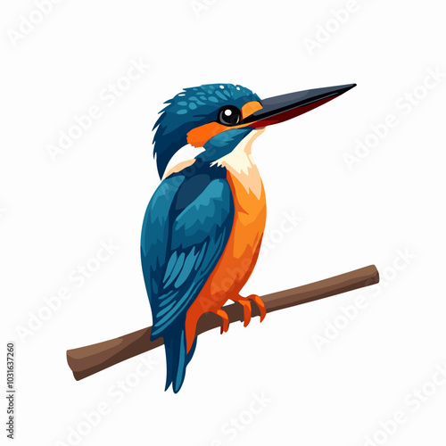 Vector illustration of perched kingfisher, blue and orange bird on branch with white background