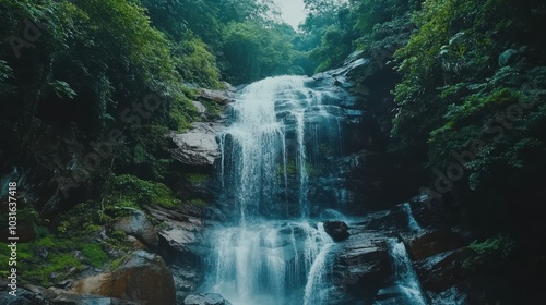 Waterfall cascades through lush green forest.