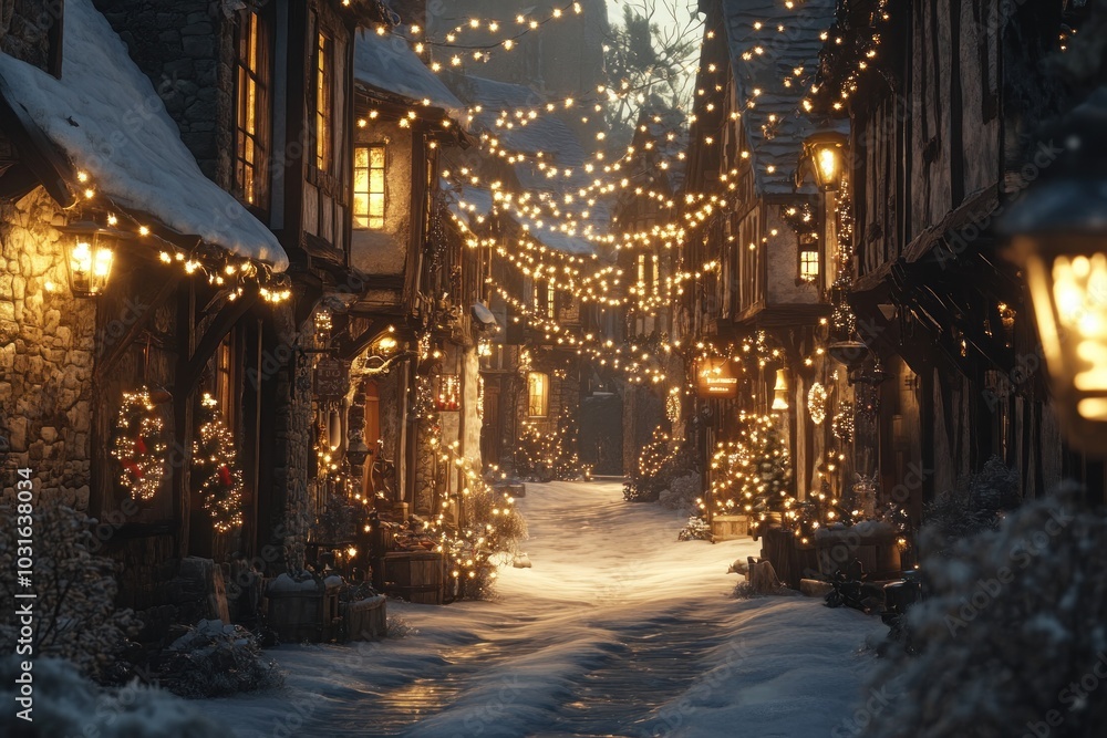 Obraz premium A charming winter village scene adorned with festive lights and decorations.