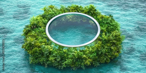 Circular Pool on Lush Tropical Island  Turquoise Ocean  Aerial View photo