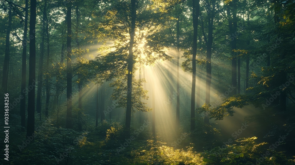 Sunbeams Through Forest Trees Misty Morning Light Nature Photography Sunbeams Through Forest Trees Misty Morning Light Nature Photography