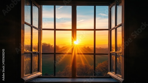 Golden sunrise view from a window with the sun shining through the panes.