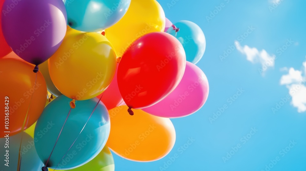 Colorful balloons float against a blue sky. Colorful balloons float against a blue sky.