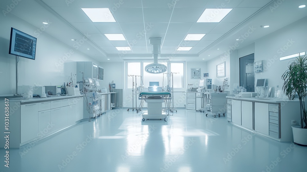 An overview of a high-tech operating room designed for neurosurgery, showcasing advanced equipment and monitoring systems in a bright white laboratory setting. An overview of a high-tech operating room designed for neurosurgery, showcasing advanced equipment and monitoring systems in a bright white laboratory setting.