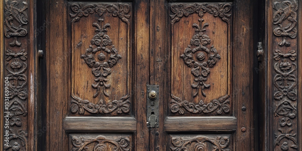 Intricately carved wooden door with ornate details. Intricately carved wooden door with ornate details.