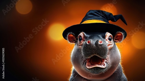 Curious Baby Hippo in Witch Hat - Adorable Photorealistic 3D Render of Surprised Hippopotamus Calf with Pink Cheeks and Startled Expression