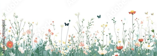 A Watercolor Illustration of a Field of Flowers and Butterflies photo