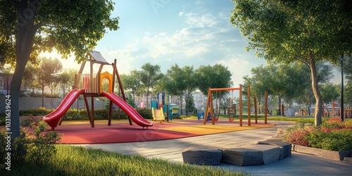 A sunny playground with slides and swings.