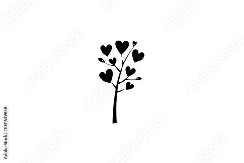 Simple black tree vector with heart leaves, love symbol on white background