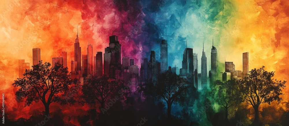 Silhouette of a city skyline with colorful clouds. Silhouette of a city skyline with colorful clouds.
