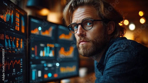 A businessman with a beard wearing glasses looks thoughtfully at charts on a computer screen.