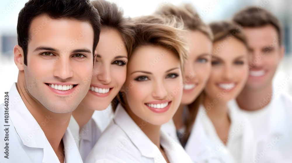 A group of six smiling healthcare professionals in white coats, showcasing teamwork and positivity in a clinical setting. A group of six smiling healthcare professionals in white coats, showcasing teamwork and positivity in a clinical setting.