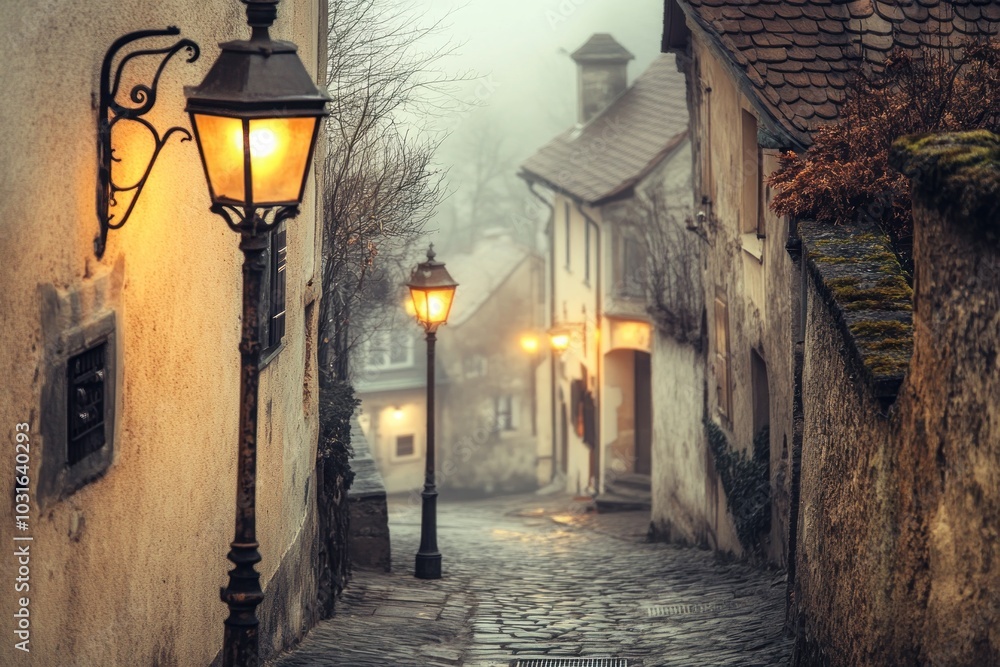 Obraz premium A foggy, cobblestone street illuminated by vintage lamps in a quaint village.