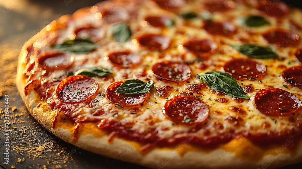 A close-up shot of a freshly baked pepperoni pizza with melted cheese and basil leaves. A close-up shot of a freshly baked pepperoni pizza with melted cheese and basil leaves.