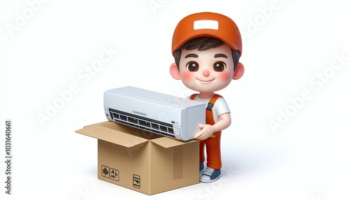 Cartoon character holding an air conditioner in a box.