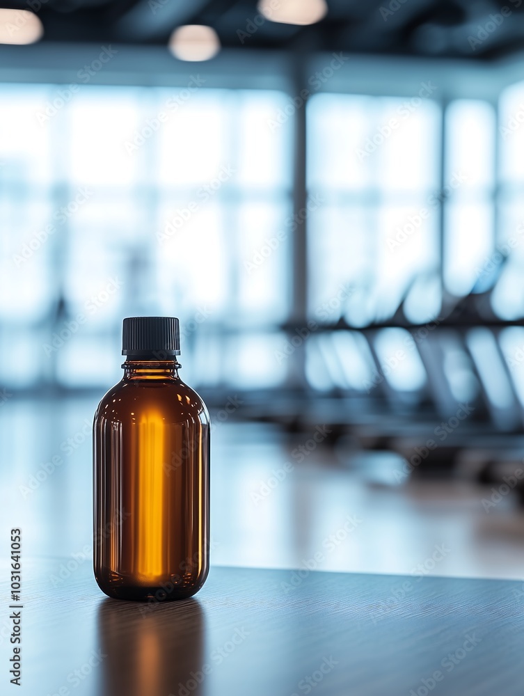 Amber Bottle on Table in Gym Environment Amber Bottle on Table in Gym Environment