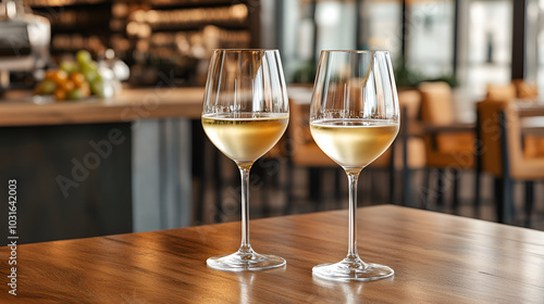 Two glasses containing white wine are placed on a wooden table top, in the background is a stylish restaurant counter. 