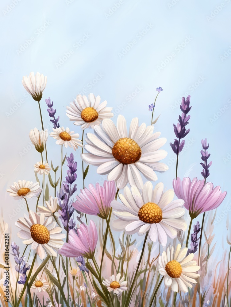 Fototapeta premium A serene meadow filled with soft pastel wildflowers under a clear blue sky, inviting tranquility and beauty.