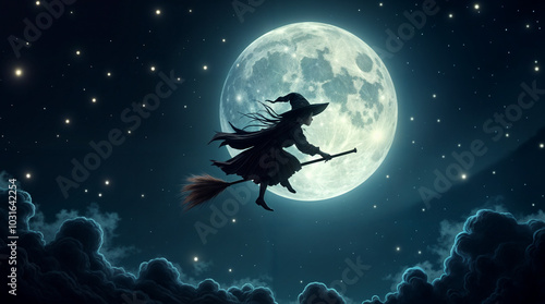 A witch flying a broom in the sky photo