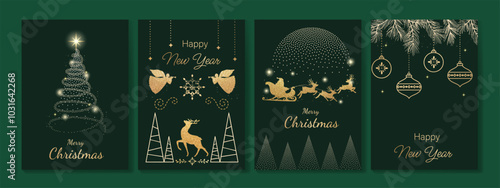 Luxury gold happy holiday invitation card design vector. Christmas tree, sleigh santa and reindeer with spot texture on dark green background. Design illustration for cover, print, poster, ads. 