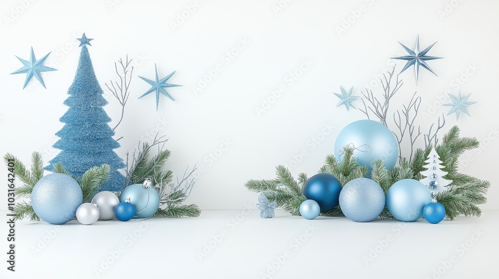Blue and silver soft sculptures shaped like Christmas trees and stars, adding a festive and elegant holiday feel. Blue and silver soft sculptures shaped like Christmas trees and stars, adding a festive and elegant holiday feel.