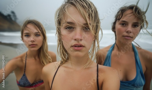 Three women in bikinis standing on a beach with wind blowing their hair. AI.