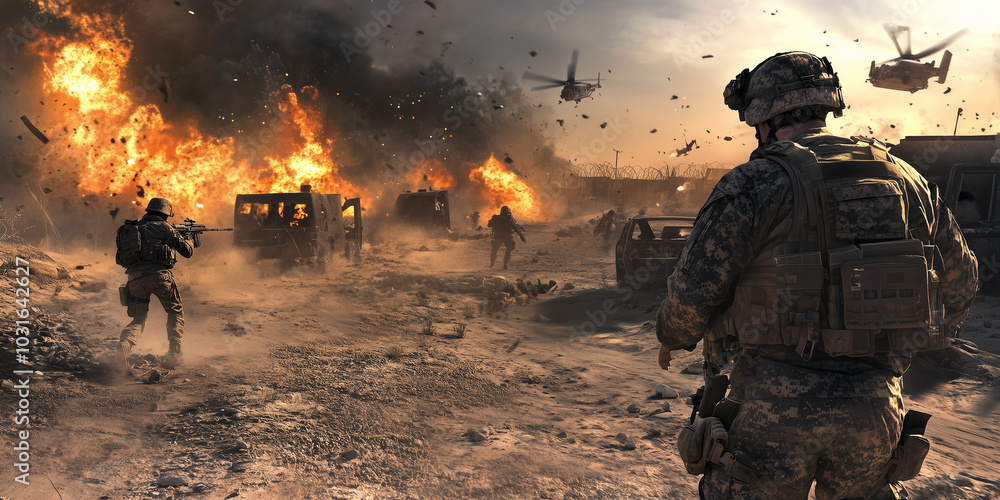 Fierce battle scene, desert war, flames, smoke filling the sky Fierce battle scene, desert war, flames, smoke filling the sky