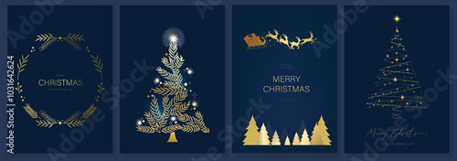 Luxury gold happy holiday  invitation card design vector. Christmas tree, sleigh santa and reindeer with spot texture on navy blue background. Design illustration for cover, print, poster, ads. 