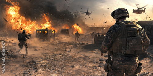 Wallpaper Mural Fierce battle scene, desert war, flames, smoke filling the sky Torontodigital.ca