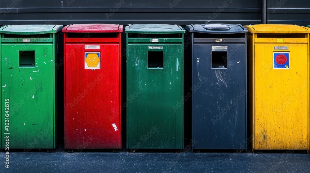 Five Colorful Metal Trash Cans Against Black Wall Five Colorful Metal Trash Cans Against Black Wall