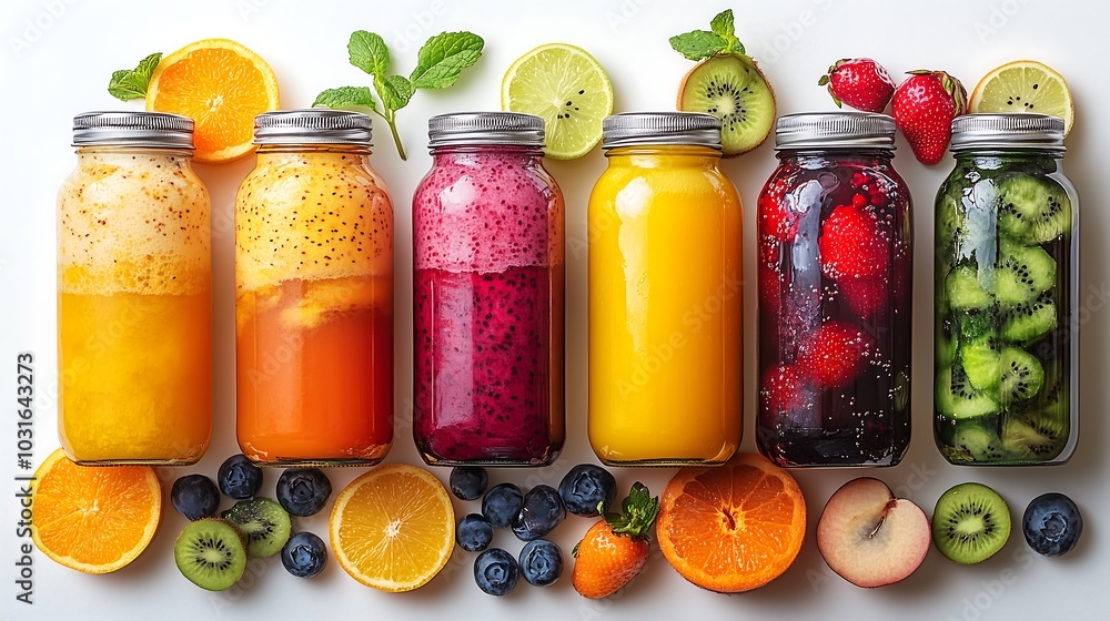 Colorful Fruit Smoothies in Jars Colorful Fruit Smoothies in Jars