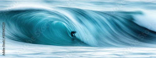 Abstract photo of a surfer riding a large wave. The image is blurred, creating a dreamy and artistic effect. photo