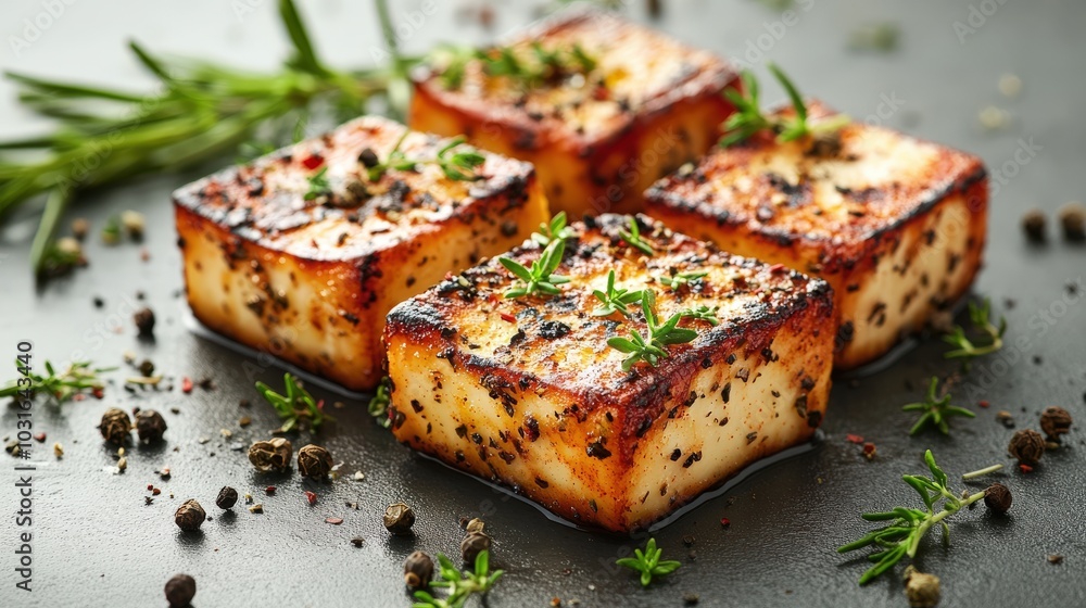 A stylized clip art of grilled halloumi cheese with herbs and spices sprinkled around, capturing its appealing look and flavor, isolated on a subtle grey background for creative culinary projects. A stylized clip art of grilled halloumi cheese with herbs and spices sprinkled around, capturing its appealing look and flavor, isolated on a subtle grey background for creative culinary projects.
