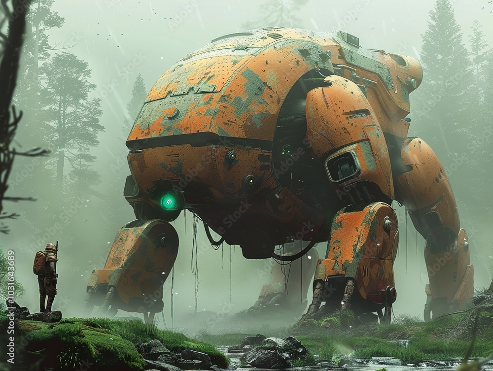 Giant Robot in a Foggy Forest: A Sci-Fi Landscape Giant Robot in a Foggy Forest: A Sci-Fi Landscape