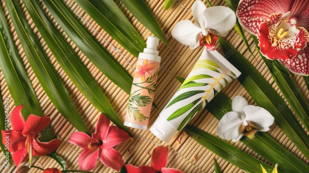 Elegant Tropical Skincare Products on a Natural Surface Elegant Tropical Skincare Products on a Natural Surface