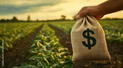 Hand holding a burlap sack with a dollar sign in a field at sunset. photo