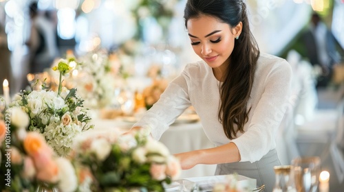 A female event planner setting up a wedding reception. She’s arranging flowers and coordinating with the catering team