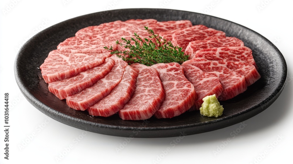Minimalist clip art of Wagyu beef slices stacked neatly, highlighting the smooth edges and marbling patterns, floating on a white background, perfect for restaurant menus or promotional materials. Minimalist clip art of Wagyu beef slices stacked neatly, highlighting the smooth edges and marbling patterns, floating on a white background, perfect for restaurant menus or promotional materials.